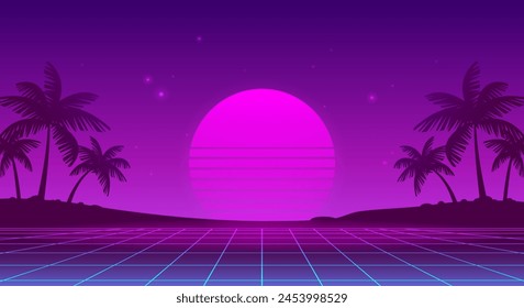 Retrowave futuristic abstract landscape with purple grid background of glowy sunset and palms silhouette on the neon beach - forizontal vector dsgn for Synthwave music and flyer party banner dsgn