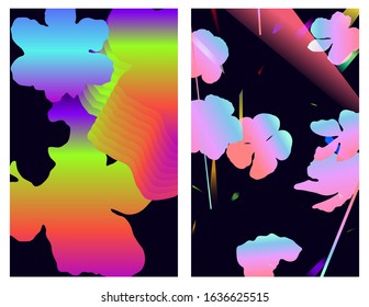 Retrowave / futuristic bright tropical flower and geometric abstract shapes light effects, nostalgic 80s style inspiration background template design