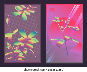 Retrowave / futuristic bright tropical flower and geometric abstract shapes card / print template design with light effects, nostalgic 80s - VHS style inspiration