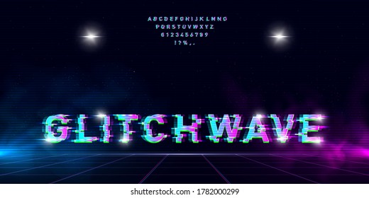 Retrowave glitch font on futuristic perspective laser grid with blue and pink glow and fog on starry space background. Has two highlights for enhancing the effect. Vector