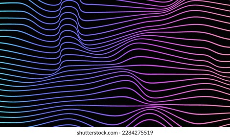 Retrowave holographic abstract background. Warped lines in trippy, psychedelic style with glitch and liquid effect. Synthwave and vaporwave abstract background with liquid, holographic effect. Vector