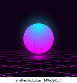 Retrowave illustration glowing vivid blue pink sphere float in the space with laser grid. Vector. Eps 10