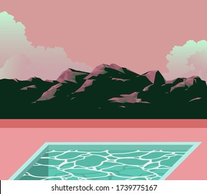 Retrowave illustration of polygon mountain scene, cloud  and outdoor swimming pool, soft pastel pink and green gradient color, aesthetic feeling