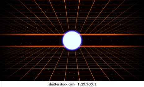 Retrowave landscape in starry space between two laser grids and glowing sphere in the center. Eps 10