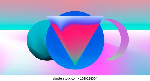 Retrowave landscape with surreal geometric composition. Retrofuturistic style vector illustration in neon vivid color palette.
