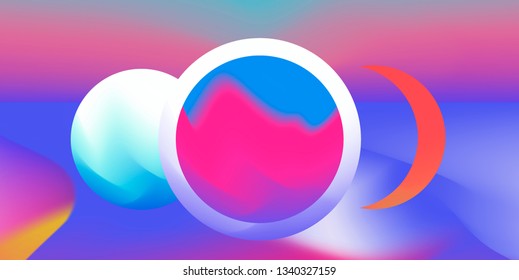 Retrowave landscape with surreal geometric composition. Retrofuturistic style vector illustration in neon vivid color palette.