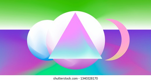 Retrowave landscape with surreal geometric composition. Retrofuturistic style vector illustration in neon vivid color palette.