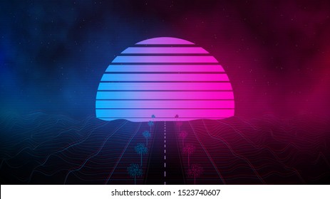 Retrowave laser grid landscape, sunset with outrun road and polygonal palms in blue pink colors with glowings and fog. Eps 10