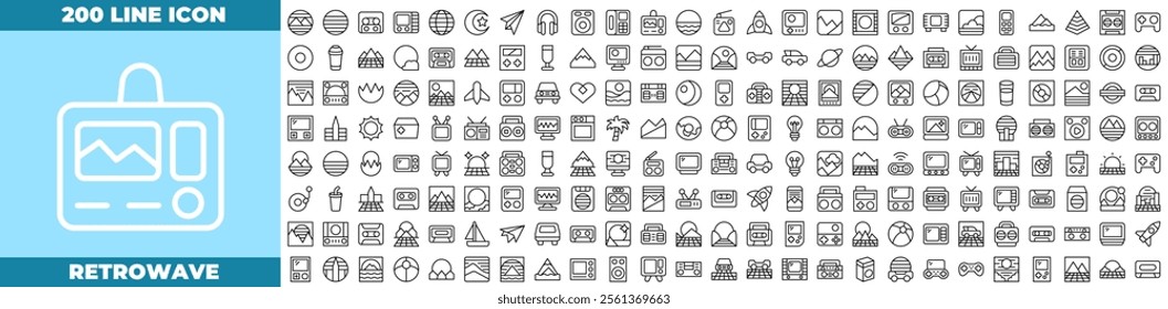 Retrowave Line Editable Icons set. Vector illustration in modern thin line style of retrowave icons: 80s, retrowave, retro, etc