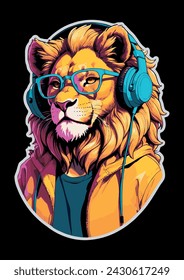 Retrowave lion with headphones and glasses