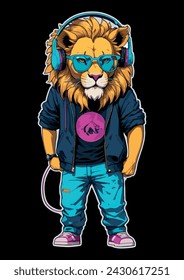 León retrowave con auriculares y gafas