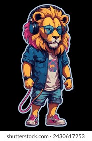 León retrowave con auriculares y gafas