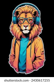 Retrowave lion with headphones and glasses