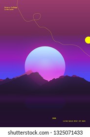 Retrowave mountain space scene, neon gradient background template, aesthetic feeling