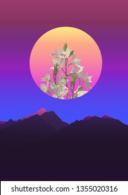 Retrowave mountain space scene and orchids flowers in star circle, neon gradient background template aesthetic feeling