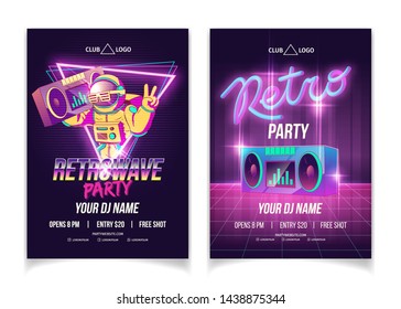 Retrowave music party in nightclub cartoon vector ad poster, flyer or brochure page template in neon colors. Astronaut in spacesuit holding boombox on shoulder, showing victory hand sign illustration