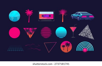 Retrowave neon elements vector set in 80s futuristic style. Retro sun icons, palm trees, grid, geometric shapes, neon triangles, retro car, audio cassette, cocktail glass, globe, lightning bolts. Perfect for Y2K, synthwave, vaporwave, cyberpunk, posters, banners, party flyers and t-shirt prints.