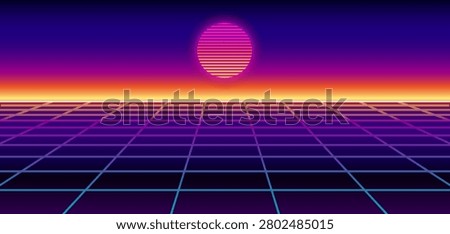 Retrowave Neon Grid Background with Retro Sunset – 1980s Synthwave Futuristic Horizon