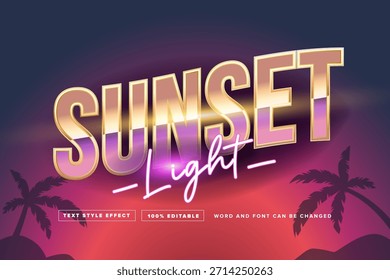 Efecto de texto de luz de puesta de sol de neón retroondas con fondo de palmeras