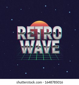 Retrowave outrun neon logo design. Retrowave badge, label, sign with grid and retro sun. Vaporwave, Synthwave design with retro texture. Vector illustration