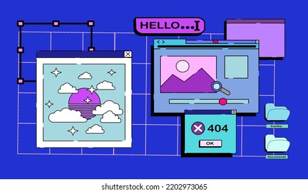 Retrowave pc desktop with message boxes and popup user interface elements. user interface elements in retro y2k vaporwave style. Modern vintage comics illustrations in the 80s and 90s.
