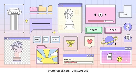 Retrowave PC Desktop with Message Boxes and Popup User Interface Elements. Retro User Interface, Psychedelic Greek Sculpture, Planet, Windows, Icons in Trendy Y2k Retro Style. Vector Illustration.