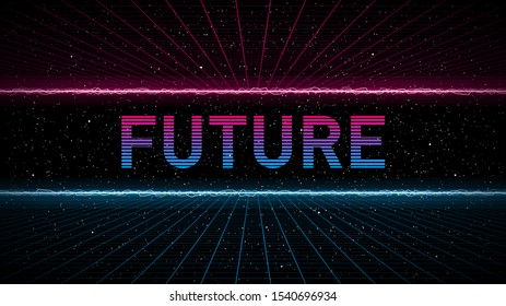 Retrowave pink and blue laser perspective grid bottom and top with electric horizons on starry space background. Retrofuturistic cyber laser landscape. Eps 10.
