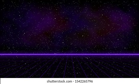 Retrowave purple laser perspective grid with bright horizon line and space nebula on starry background. Retrofuturistic cyber landscape illustration in the style of 1980s. Eps 10.