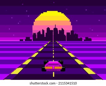 Retrowave Race Arcade game in Pixel Art vector background in retro 80s - 90s style. 8-bit Pixel synthwave graphics with night neon city background with racing track	
