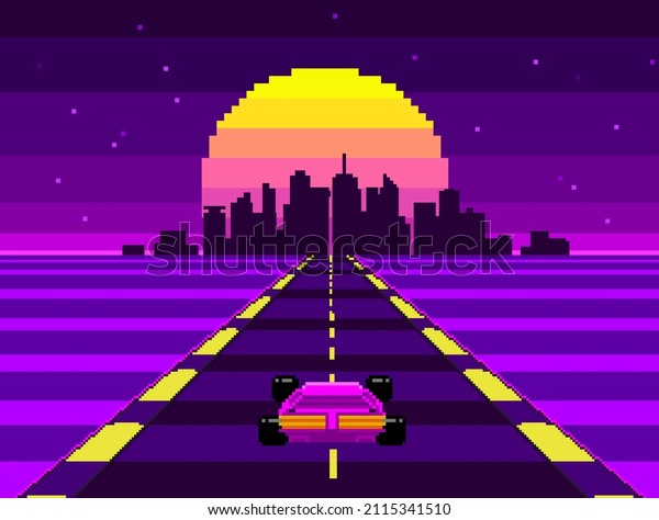 Retrowave Race Arcade game\
in Pixel Art vector background in retro 80s - 90s style. 8-bit\
Pixel synthwave graphics with night neon city background with\
racing track	