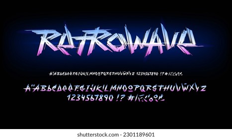 Retrowave - Retro Futuristic type font in 80s - 90s style with grunge brush alphabet set. Handgezeichnetes Chrommetall-Schriftzeichen. Vintage Cyberpunk Schriftart. Vektorset für Print-tee- und Plakatdesign