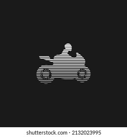 Retrowave Sexy Woman Motorcyclist 1980s Style With Stripes. Synthwave Black And White Striped Hot Woman Motorcyclist Silhouette. Design Element For Retrowave Style Projects. Vector Illustration.