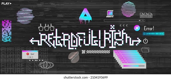 Retrowave shapes ,flat UI, UX and Pixel lettering art - Retrofuturistic. Digital box UI 80s and 90s - old interface, button, icons. Trendy elements for merch, t-shirt wit pixel and glitch. Vector 