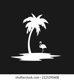 Retrowave silhouette of the island with palm tree and flamingo. Synthwave black and white flamingos and palm tree, 1980s aesthetics. Design element for retrowave style projects. Vector illustration