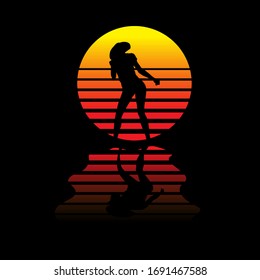 Retrowave Silhouette of Woman with Sun Vector Illustration
