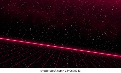 Retrowave slope red laser perspective grid with bright horizon line and another laser grid on top with space nebula on starry background. Eps 10.