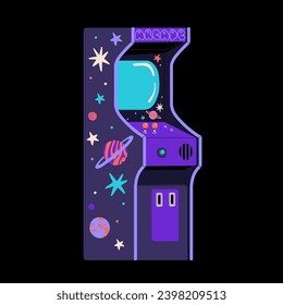 Retrowave slot machine. Old videogame playing equipment: display, joystick. Vintage arcade games. 80s, 90s entertainment technology for gamers, kids. Retro gambling. Flat isolated vector illustration