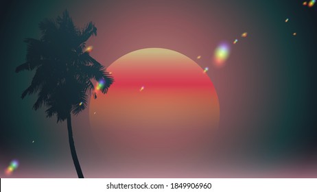 Retrowave space sunset scene with coconut palm tree and rainbow light flare effect, tint neon glow gradient background template, 80s techno / retrowave aesthetic feeling