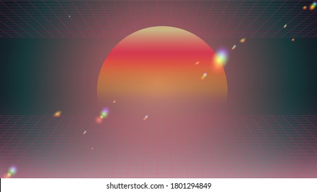 Retrowave space sunset scene with laser perspective grid and rainbow light flare effect, tint neon glow gradient background template, 80s techno aesthetic feeling