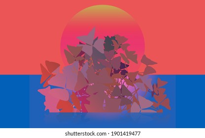 Retrowave space sunset scene with Purple shamrock plants in silhouette shape, neon red and blue background template, 80s aesthetic feeling