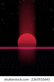 Retrowave space sunset scene with vertical glow, neon gradient background template, 80s cosmic science fiction aesthetic feeling