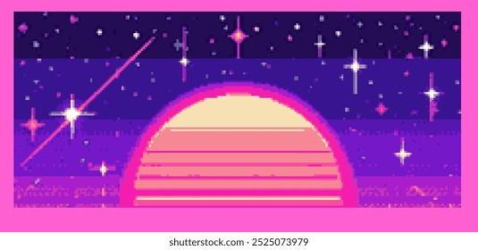 Retrowave starry sky background with neon large rising sun.