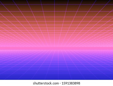 Retrowave style cyber landscape like in old arcade video games with perspective laser grid. Vaporwave and Synthwave retro poster, cover, wallpaper.