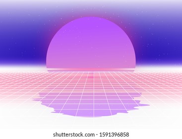 Retrowave style cyber landscape like in old arcade video games with perspective laser grid and sun. Vaporwave and Synthwave 80's-90's retro poster, cover, wallpaper.