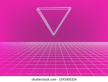 Retrowave style cyber landscape like in old arcade video games with glowing neon triangle above laser grid. Vaporwave and Synthwave retro poster, cover, wallpaper.