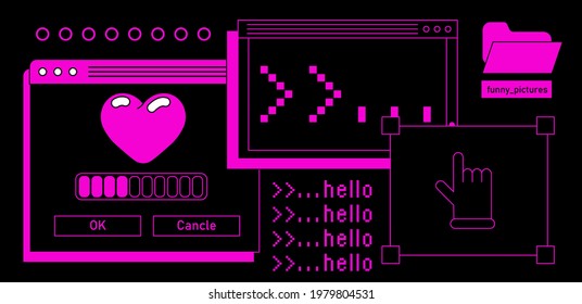 Retrowave style desktop with message boxes, terminal console window and user interface elements. Retro OS in vaporwave 80's vintage stylization.