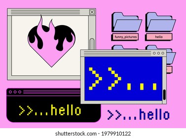 Retrowave style desktop with message boxes, terminal console window and user interface elements. Retro OS in vaporwave 80's vintage stylization.