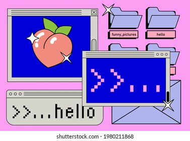 Retrowave style desktop with message boxes, terminal console window and user interface elements. Retro OS in vaporwave 80's vintage stylization.