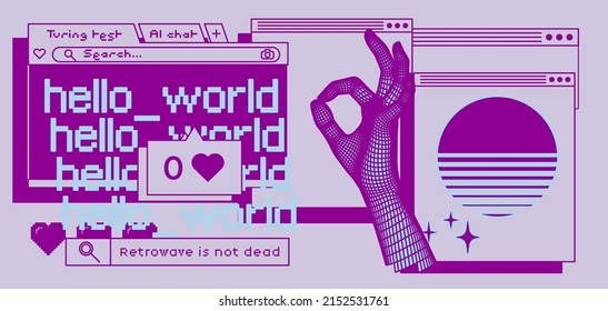 Retrowave style desktop screen with different user interface elements: message boxes and tabs. Vaporwave retro aesthetics.