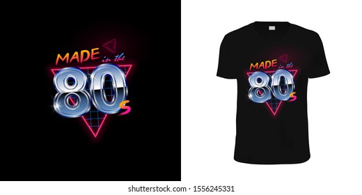 Retrowave style "made in the 80s" metallic inscription with neon triangle and blue laser grid on black background. Typography, print, vector illustration. Eps 10. 